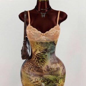 mannequin wearing the wild Safari animal, print body con dress with lace trim, and a shoulder bag